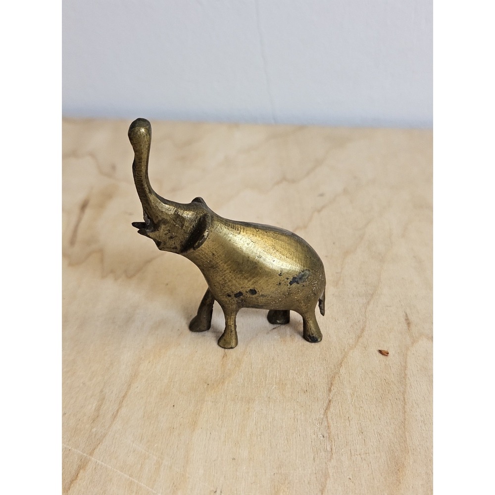 Small Brass Elephant Figurine 2 Inch Raised Trunk Vintage Style Miniature Decor